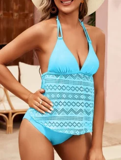 Women's Swimwear Tankini 2 Piece Briefs Swimsuit Backless High Waist Cut Out Vacation Beach Wear Solid Color V Neck Sleeveless Bathing Suits