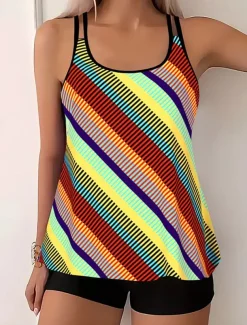 Women's Swimwear Tankini Swimsuit Vacation Tropical Color Block Sleeveless Bathing Suits