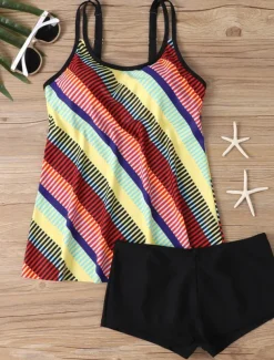Women's Swimwear Tankini Swimsuit Vacation Tropical Color Block Sleeveless Bathing Suits