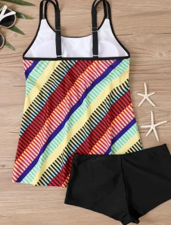 Women's Swimwear Tankini Swimsuit Vacation Tropical Color Block Sleeveless Bathing Suits