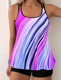 Women's Swimwear Tankini Swimsuit Vacation Tropical Color Block Sleeveless Bathing Suits