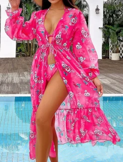 Women's Swimwear Three Piece Swimsuit Backless Slim Vacation Beach Wear Floral V Neck Sleeveless Bathing Suits