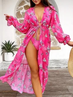 Women's Swimwear Three Piece Swimsuit Backless Slim Vacation Beach Wear Floral V Neck Sleeveless Bathing Suits