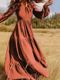 Women's Swing Dress Long Dress Maxi Dress Dark Green Brown Black Long Sleeve Pure Color Ruched Pleated Patchwork Fall Spring V Neck Boho Casual Fall Dress Lantern Sleeve Loose Fit M L XL XXL XXXL 4XL