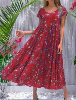 Women's Swing Dress Tiered Dress Floral Ditsy Floral Print Crew Neck Long Dress Maxi Dress Tropical Boho Home Holiday Short Sleeve Regular Fit Wine Blue Green Summer Fall S M L XL 2XL