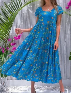 Women's Swing Dress Tiered Dress Floral Ditsy Floral Print Crew Neck Long Dress Maxi Dress Tropical Boho Home Holiday Short Sleeve Regular Fit Wine Blue Green Summer Fall S M L XL 2XL