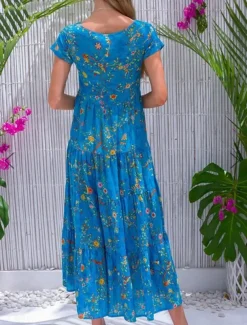 Women's Swing Dress Tiered Dress Floral Ditsy Floral Print Crew Neck Long Dress Maxi Dress Tropical Boho Home Holiday Short Sleeve Regular Fit Wine Blue Green Summer Fall S M L XL 2XL