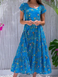 Women's Swing Dress Tiered Dress Floral Ditsy Floral Print Crew Neck Long Dress Maxi Dress Tropical Boho Home Holiday Short Sleeve Regular Fit Wine Blue Green Summer Fall S M L XL 2XL