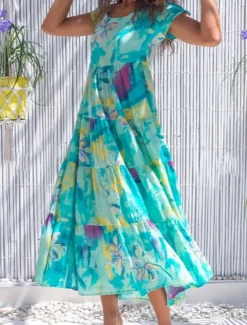 Women's Swing Dress Tiered Dress Floral Ditsy Floral Print Crew Neck Long Dress Maxi Dress Tropical Boho Home Holiday Short Sleeve Regular Fit Wine Blue Green Summer Fall S M L XL 2XL