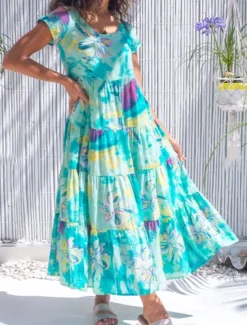 Women's Swing Dress Tiered Dress Floral Ditsy Floral Print Crew Neck Long Dress Maxi Dress Tropical Boho Home Holiday Short Sleeve Regular Fit Wine Blue Green Summer Fall S M L XL 2XL