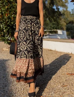 Women's Swing Long Skirt Bohemia Maxi Skirts Ruffle Print Graphic Street Vacation Spring & Summer Fashion coastal grandma style Boho Black Light Green Blue Purple