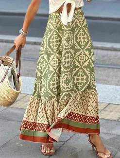 Women's Swing Long Skirt Bohemia Maxi Skirts Ruffle Print Graphic Street Vacation Spring & Summer Fashion coastal grandma style Boho Black Light Green Blue Purple