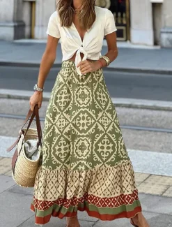 Women's Swing Long Skirt Bohemia Maxi Skirts Ruffle Print Graphic Street Vacation Spring & Summer Fashion coastal grandma style Boho Black Light Green Blue Purple