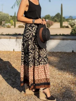 Women's Swing Long Skirt Bohemia Maxi Skirts Ruffle Print Graphic Street Vacation Spring & Summer Fashion coastal grandma style Boho Black Light Green Blue Purple