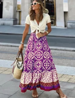 Women's Swing Long Skirt Bohemia Maxi Skirts Ruffle Print Graphic Street Vacation Spring & Summer Fashion coastal grandma style Boho Black Light Green Blue Purple