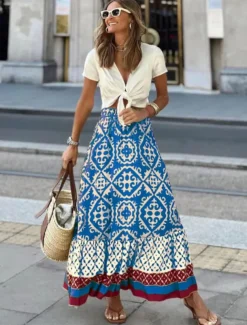 Women's Swing Long Skirt Bohemia Maxi Skirts Ruffle Print Graphic Street Vacation Spring & Summer Fashion coastal grandma style Boho Black Light Green Blue Purple