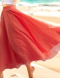 Women's Swing Long Skirt Casual Summer Maxi High Waist Skirts Solid Colored Layered Long Holiday Casual Daily Peacock Blue Blue Ginger Orange Spring & Summer Linen Cotton Blend