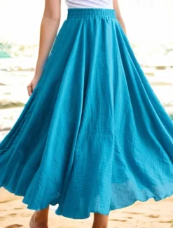 Women's Swing Long Skirt Casual Summer Maxi High Waist Skirts Solid Colored Layered Long Holiday Casual Daily Peacock Blue Blue Ginger Orange Spring & Summer Linen Cotton Blend