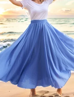 Women's Swing Long Skirt Casual Summer Maxi High Waist Skirts Solid Colored Layered Long Holiday Casual Daily Peacock Blue Blue Ginger Orange Spring & Summer Linen Cotton Blend