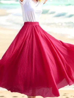 Women's Swing Long Skirt Casual Summer Maxi High Waist Skirts Solid Colored Layered Long Holiday Casual Daily Black Dark Gray Green Khaki Spring & Summer Linen Cotton Blend