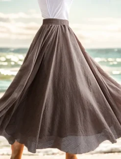 Women's Swing Long Skirt Casual Summer Maxi High Waist Skirts Solid Colored Layered Long Holiday Casual Daily Black Dark Gray Green Khaki Spring & Summer Linen Cotton Blend
