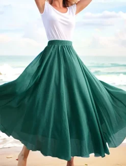 Women's Swing Long Skirt Casual Summer Maxi High Waist Skirts Solid Colored Layered Long Holiday Casual Daily Black Dark Gray Green Khaki Spring & Summer Linen Cotton Blend