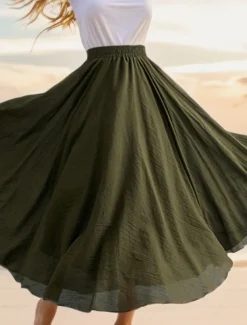 Women's Swing Long Skirt Casual Summer Maxi High Waist Skirts Solid Colored Layered Long Holiday Casual Daily Black Dark Gray Green Khaki Spring & Summer Linen Cotton Blend