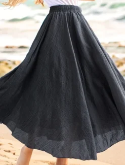 Women's Swing Long Skirt Casual Summer Maxi High Waist Skirts Solid Colored Layered Long Holiday Casual Daily Black Dark Gray Green Khaki Spring & Summer Linen Cotton Blend