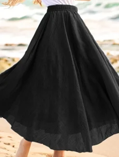Women's Swing Long Skirt Casual Summer Maxi High Waist Skirts Solid Colored Layered Long Holiday Casual Daily Black Dark Gray Green Khaki Spring & Summer Linen Cotton Blend