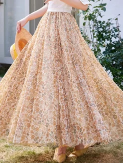 Women's Swing Long Skirt Midi Skirts Lace Layered Print Floral Solid Colored Daily Date Spring & Summer Elegant Long Summer Black Pink Blue Orange