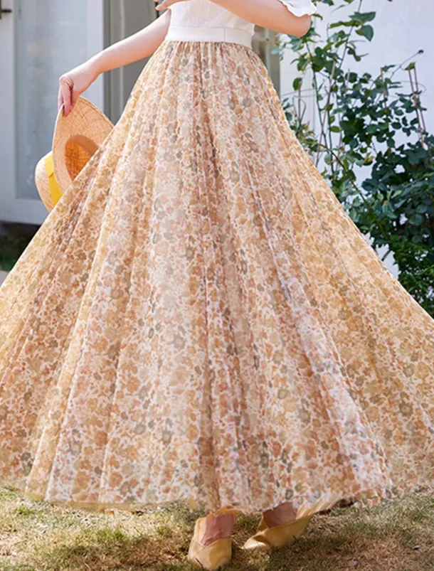 Women's Swing Long Skirt Midi Skirts Lace Layered Print Floral Solid Colored Daily Date Spring & Summer Elegant Long Summer Black Pink Blue Orange