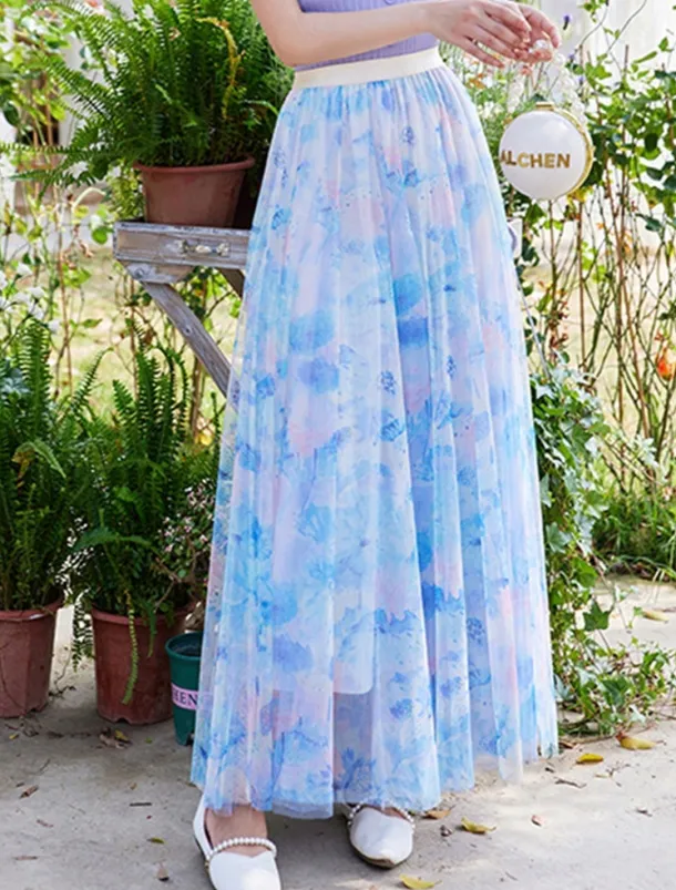 Women's Swing Long Skirt Midi Skirts Lace Layered Print Floral Solid Colored Daily Date Spring & Summer Elegant Long Summer Black Pink Blue Orange