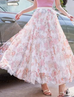 Women's Swing Long Skirt Midi Skirts Lace Layered Print Floral Solid Colored Daily Date Spring & Summer Elegant Long Summer Black Pink Blue Orange