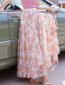 Women's Swing Long Skirt Midi Skirts Lace Layered Print Floral Solid Colored Daily Date Spring & Summer Elegant Long Summer Black Pink Blue Orange