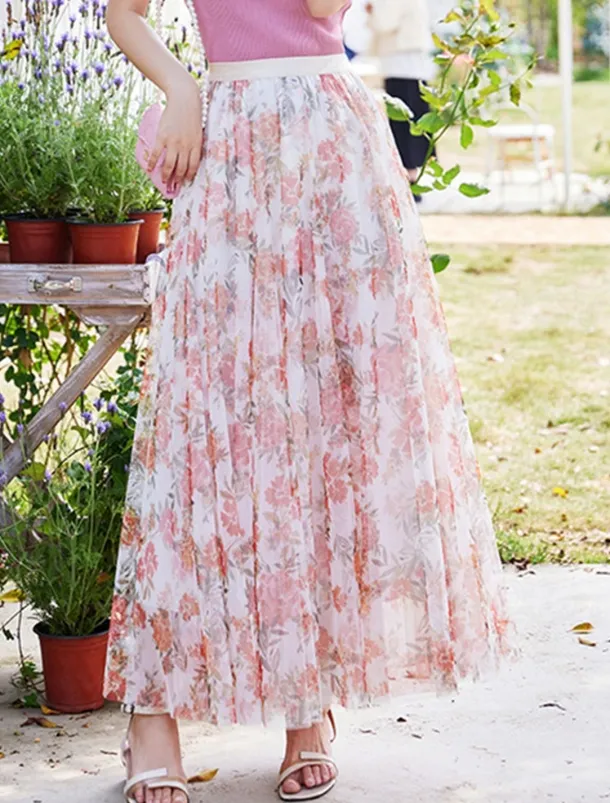 Women's Swing Long Skirt Midi Skirts Lace Layered Print Floral Solid Colored Daily Date Spring & Summer Elegant Long Summer Black Pink Blue Orange