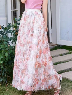 Women's Swing Long Skirt Midi Skirts Lace Layered Print Floral Solid Colored Daily Date Spring & Summer Elegant Long Summer Black Pink Blue Orange