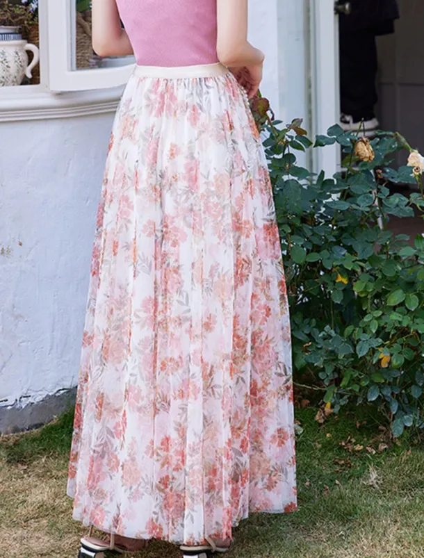 Women's Swing Long Skirt Midi Skirts Lace Layered Print Floral Solid Colored Daily Date Spring & Summer Elegant Long Summer Black Pink Blue Orange