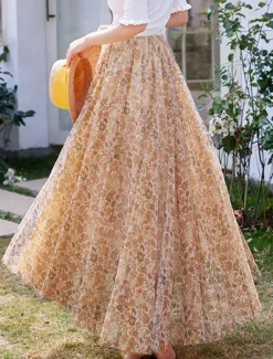 Women's Swing Long Skirt Midi Skirts Lace Layered Print Floral Solid Colored Daily Date Spring & Summer Elegant Long Summer Black Pink Blue Orange