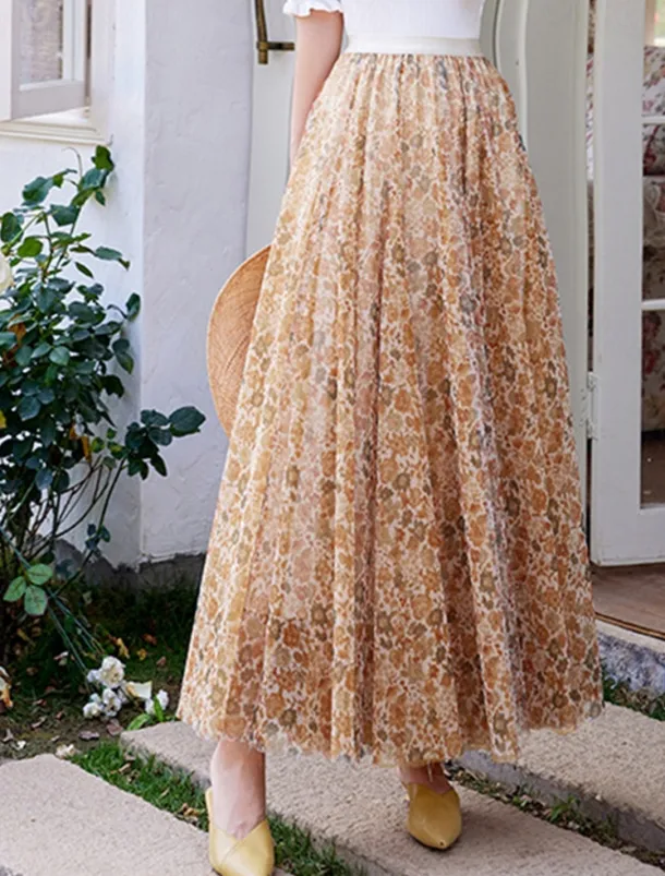 Women's Swing Long Skirt Midi Skirts Lace Layered Print Floral Solid Colored Daily Date Spring & Summer Elegant Long Summer Black Pink Blue Orange