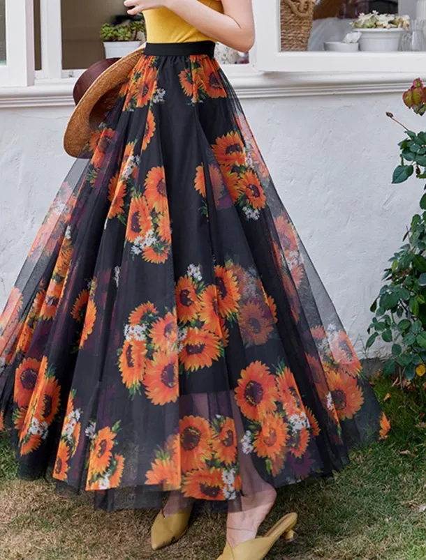 Women's Swing Long Skirt Midi Skirts Lace Layered Print Floral Solid Colored Daily Date Spring & Summer Elegant Long Summer Black Pink Blue Orange