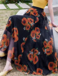 Women's Swing Long Skirt Midi Skirts Lace Layered Print Floral Solid Colored Daily Date Spring & Summer Elegant Long Summer Black Pink Blue Orange