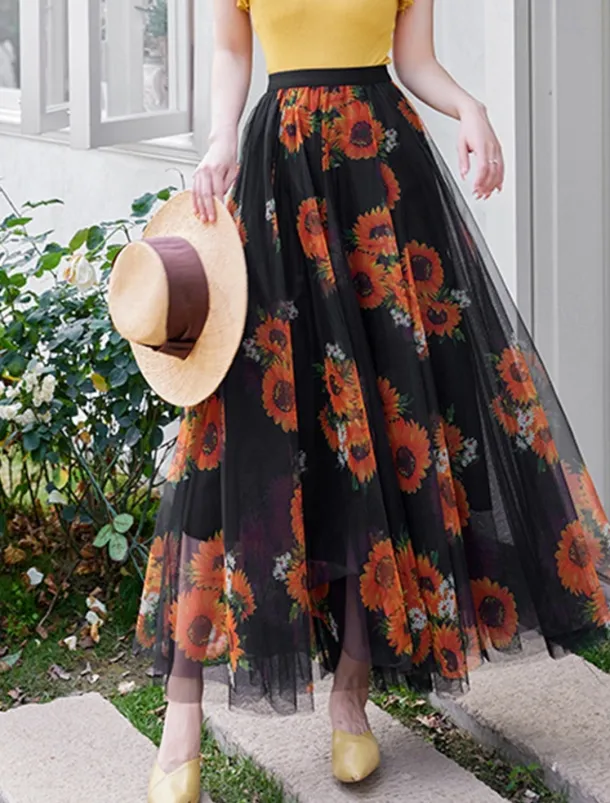 Women's Swing Long Skirt Midi Skirts Lace Layered Print Floral Solid Colored Daily Date Spring & Summer Elegant Long Summer Black Pink Blue Orange