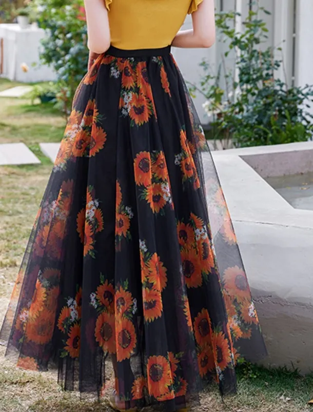 Women's Swing Long Skirt Midi Skirts Lace Layered Print Floral Solid Colored Daily Date Spring & Summer Elegant Long Summer Black Pink Blue Orange