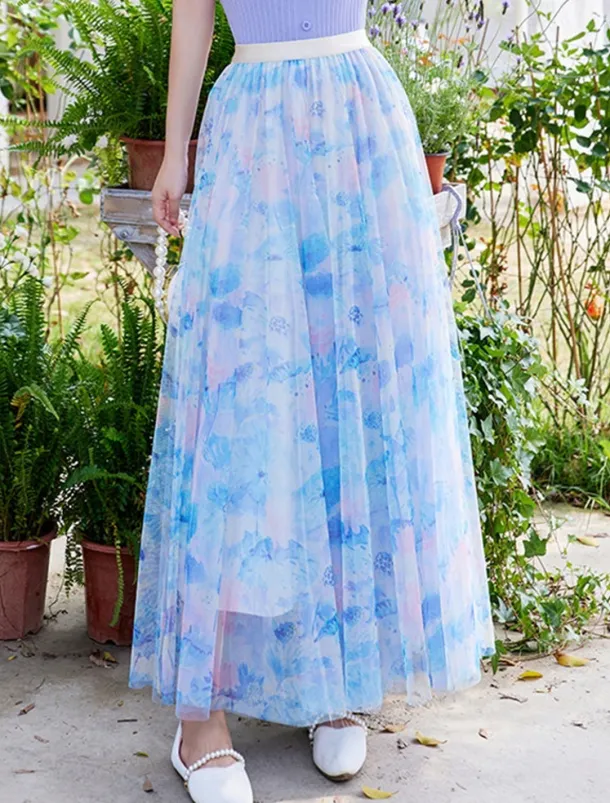 Women's Swing Long Skirt Midi Skirts Lace Layered Print Floral Solid Colored Daily Date Spring & Summer Elegant Long Summer Black Pink Blue Orange