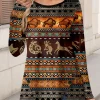 Women's T Shirt Animal Geometric Vintage Ethnic Casual Long Sleeve Crew Neck Regular Tops Daily Buttons Print Asymmetrical Brown Spring Fall