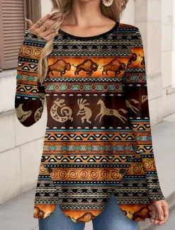 Women's T Shirt Animal Geometric Vintage Ethnic Casual Long Sleeve Crew Neck Regular Tops Daily Buttons Print Asymmetrical Brown Spring Fall