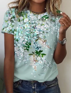 Women's T Shirt Basic Floral Print Short Sleeve Regular Tops Round Neck Holiday Weekend Pink Blue Green