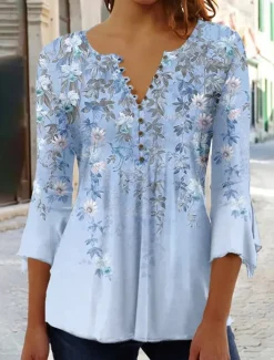 Women's T Shirt Basic Floral Buttons Print 3/4 Length Sleeve Regular Tops Round Neck Holiday Yellow Blue