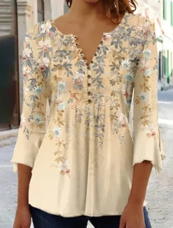 Women's T Shirt Basic Floral Buttons Print 3/4 Length Sleeve Regular Tops Round Neck Holiday Yellow Blue