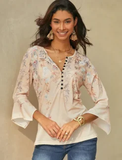 Women's T Shirt Basic Floral Buttons Print 3/4 Length Sleeve Regular Tops Round Neck Holiday Yellow Blue